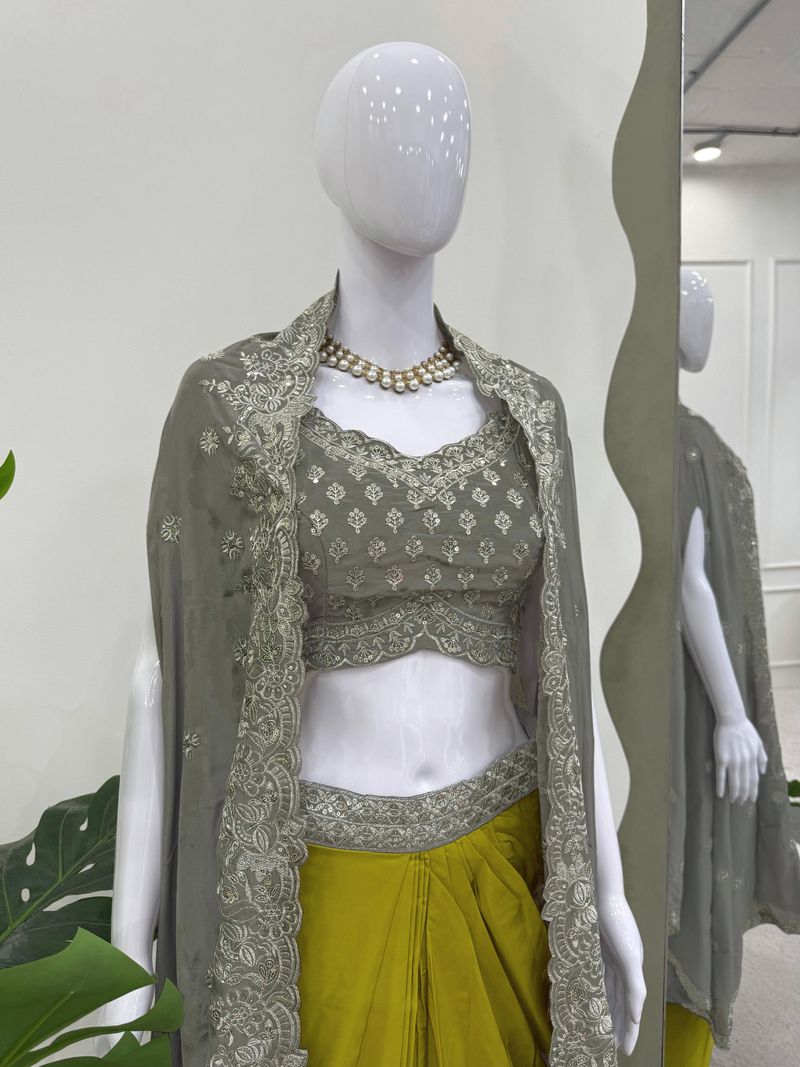 Multicolour american crap thread with sequence edam to wear dhoti style with shrug and unstitch choli