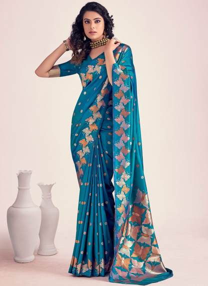 Banarasi Silk Zari Weaving Blue Wedding Saree With Blouse