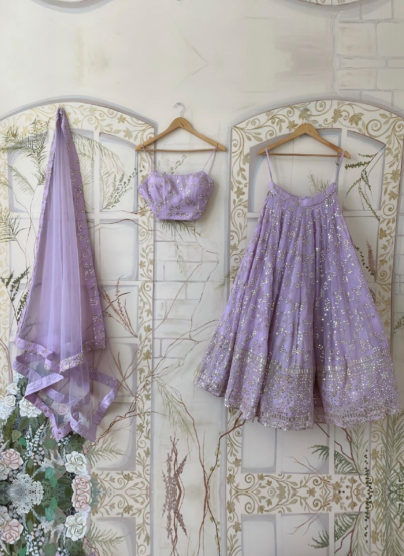 Zari Embroidered Work Georgette Light Lavender Lehenga