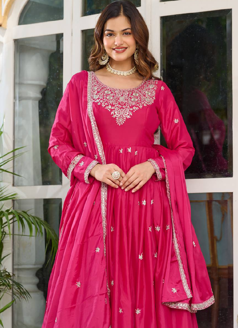 Silk Pink Zari Embroidered Anarkali Suit Pant With Dupatta