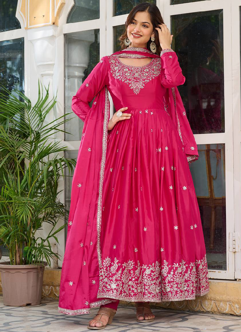 Silk Pink Zari Embroidered Anarkali Suit Pant With Dupatta
