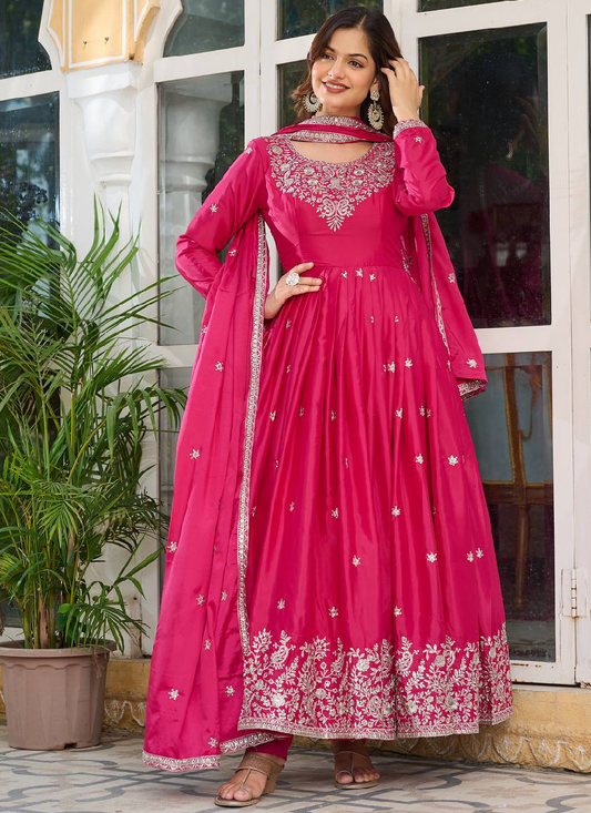 Silk Pink Zari Embroidered Anarkali Suit Pant With Dupatta
