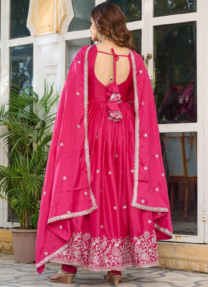 Silk Pink Zari Embroidered Anarkali Suit Pant With Dupatta