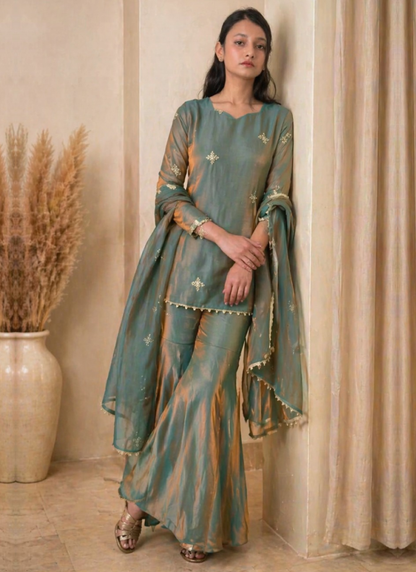 Fendi Silk Pista Green Zari Embroidered Salwar Kameez Set