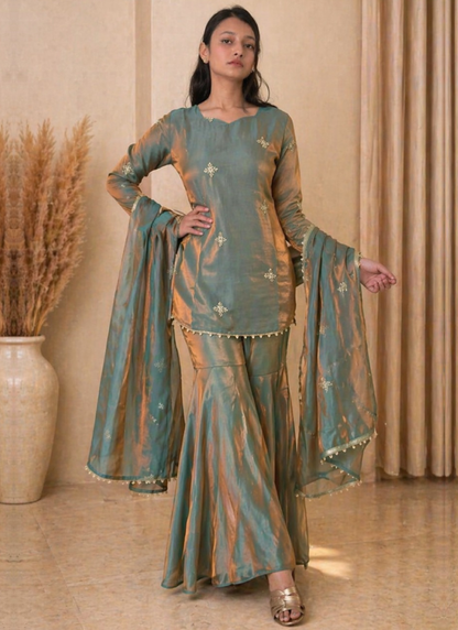 Fendi Silk Pista Green Zari Embroidered Salwar Kameez Set