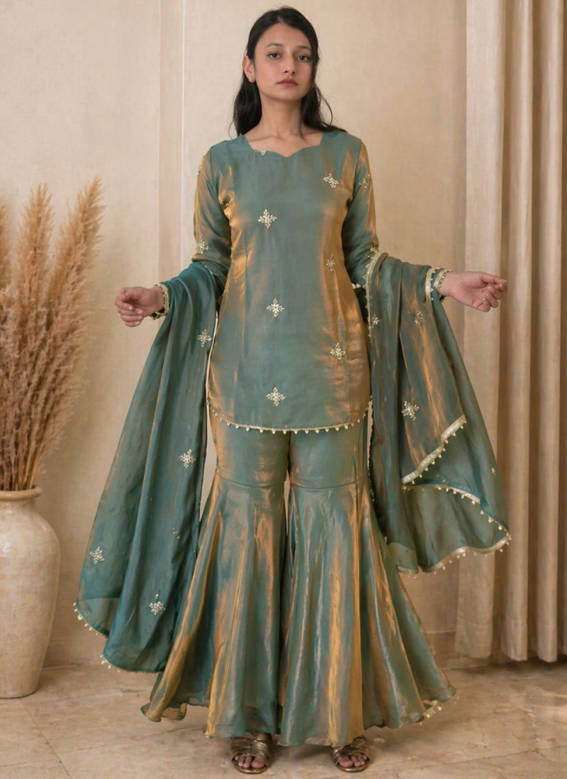 Fendi Silk Pista Green Zari Embroidered Salwar Kameez Set