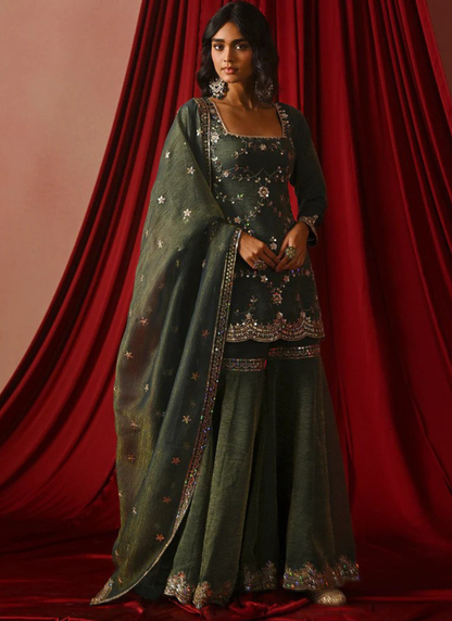Zari Embroidery Silk Green Sharara Suit For Mehndi Ceremony