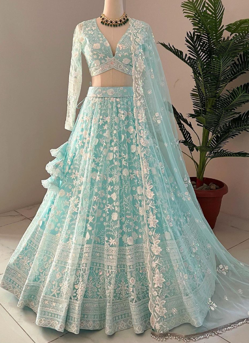 Thread Embroidered Sky Blue Net Lehenga Choli For Party