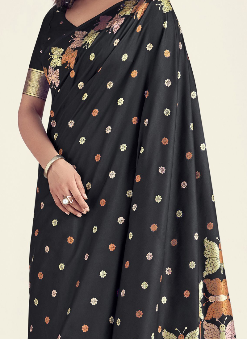 Banarasi Silk Zari Weaving Black Saree With Blouse