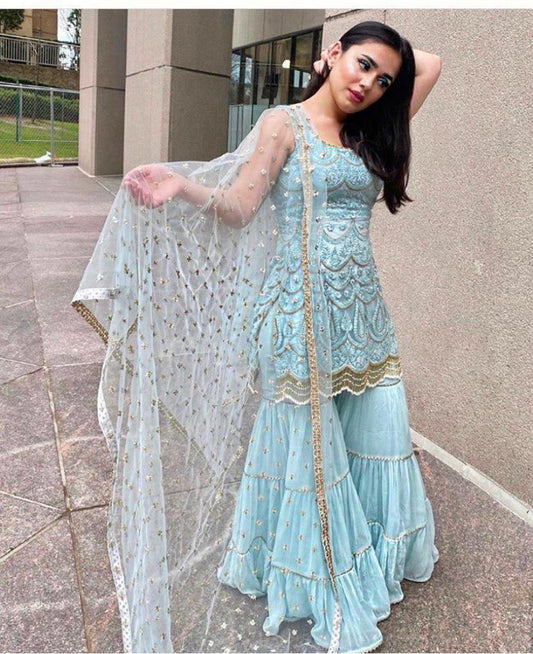 Beautiful Embroidery Work Sky Blue Sharara Suit