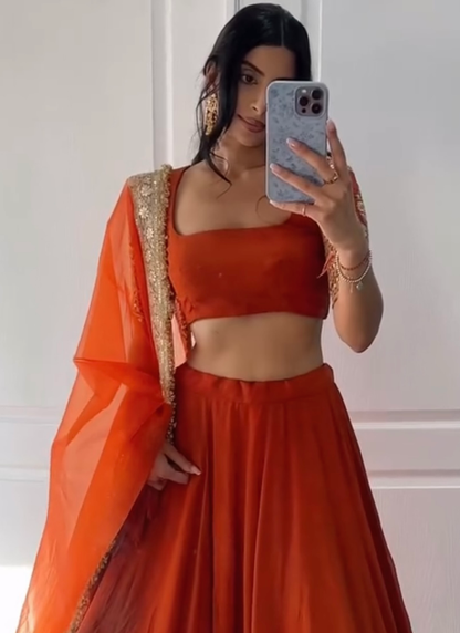 Zari Embroidered Georgette Bridesmaids Orange Lehenga Choli