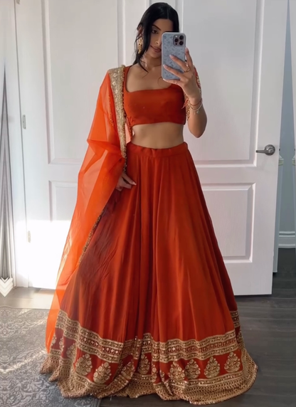 Zari Embroidered Georgette Bridesmaids Orange Lehenga Choli