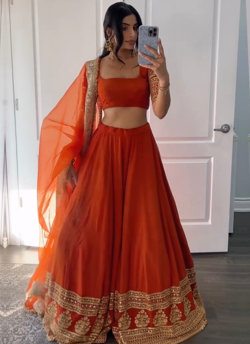 Zari Embroidered Georgette Bridesmaids Orange Lehenga Choli