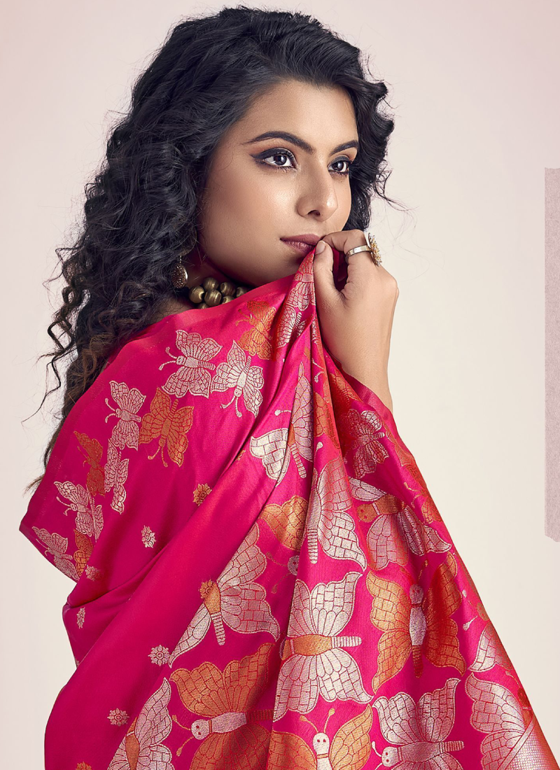 Beautiful Zari Weaving Banarasi Silk Rani Pink Saree