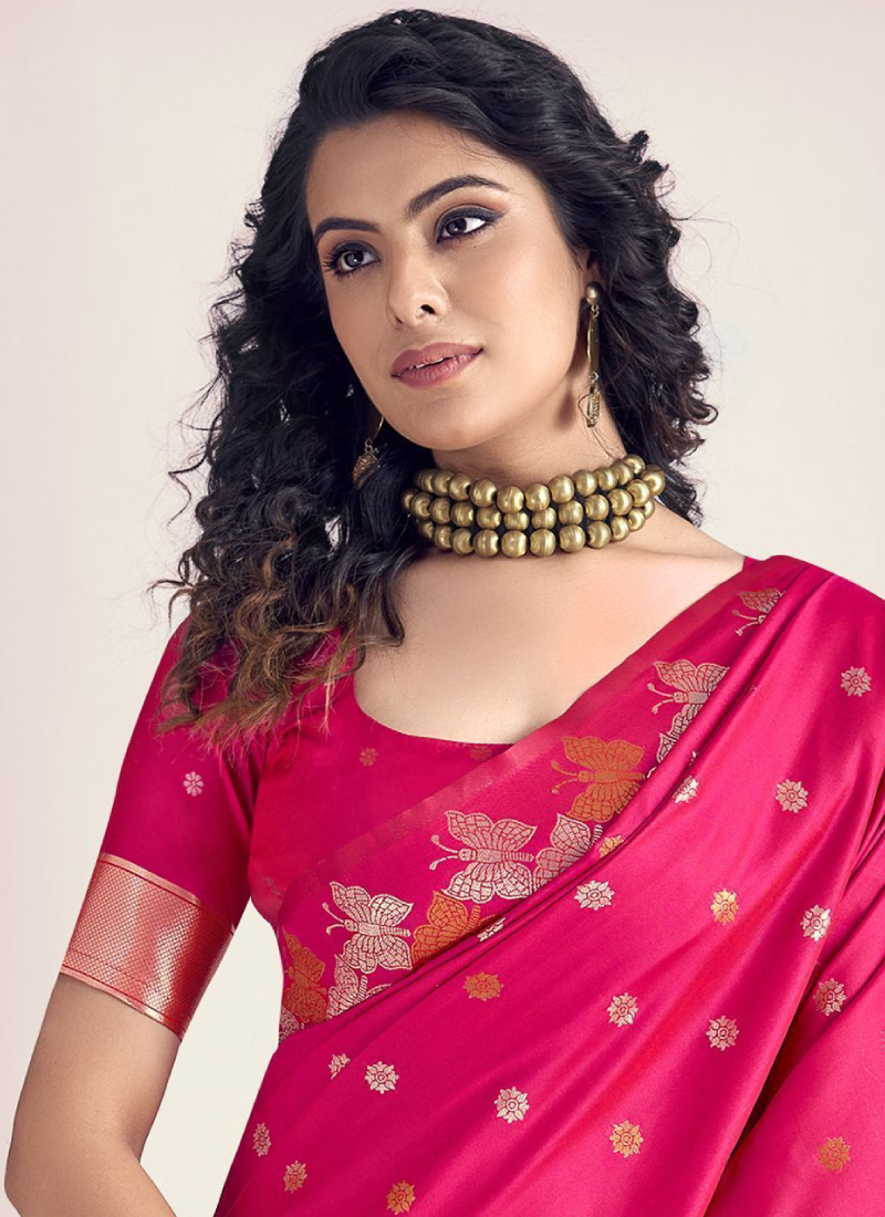 Beautiful Zari Weaving Banarasi Silk Rani Pink Saree