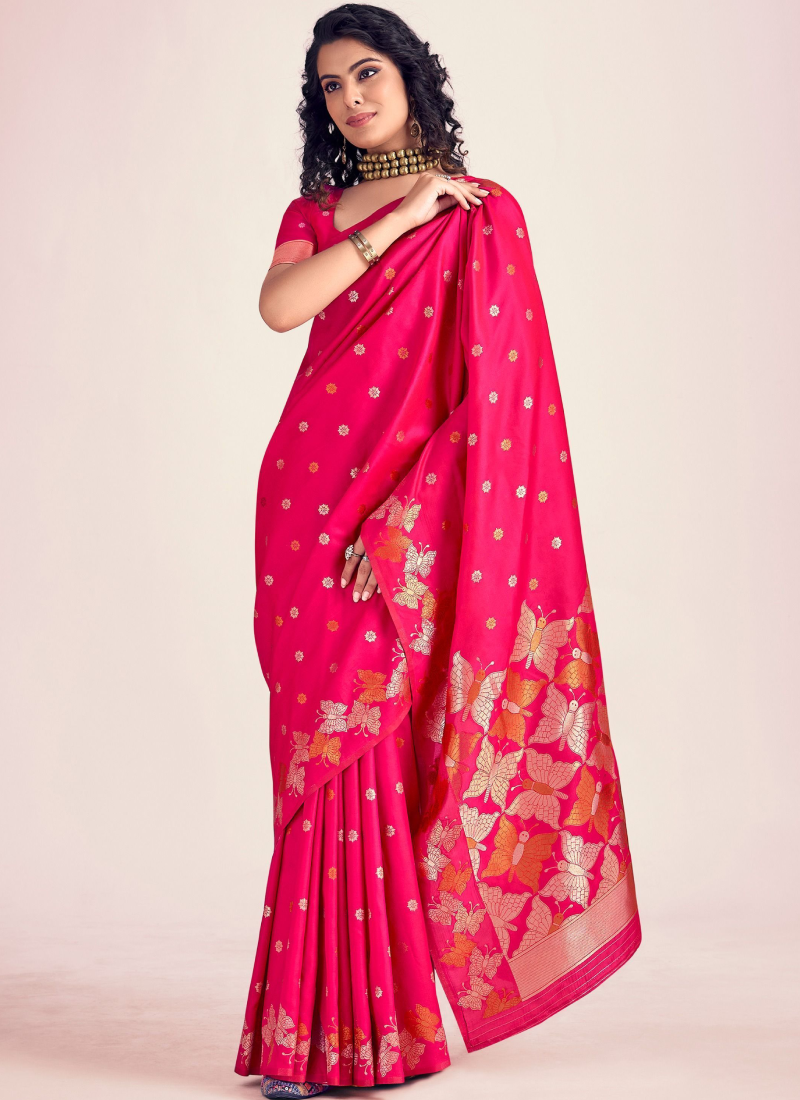 Beautiful Zari Weaving Banarasi Silk Rani Pink Saree