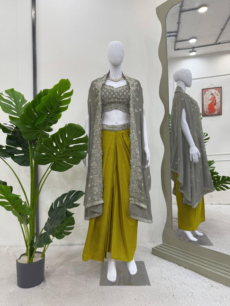 Multicolour american crap thread with sequence edam to wear dhoti style with shrug and unstitch choli