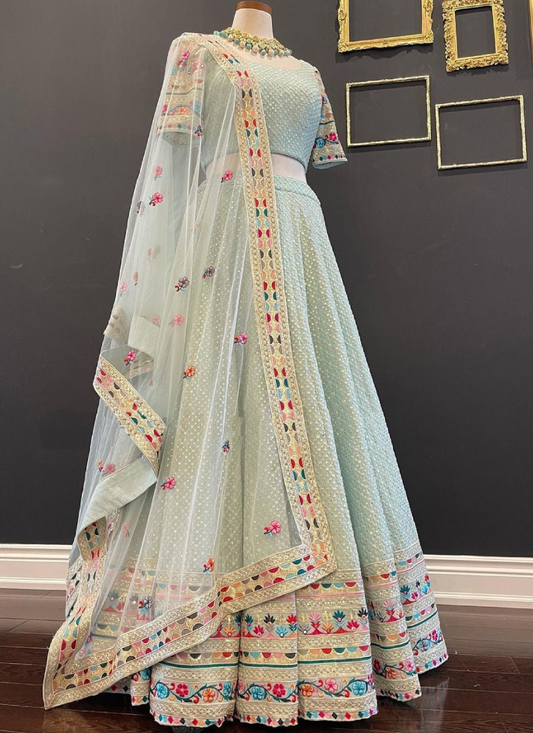 Multi Thread Embroidery Work Sky Blue chaniya choli