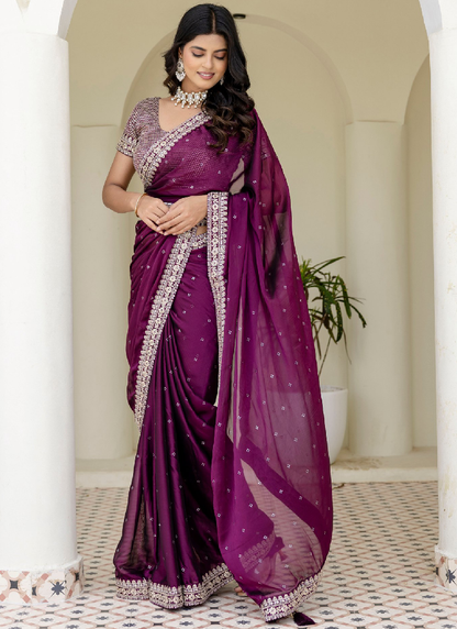 Captivating Sequence Work Silk Wine Saree With Blouse