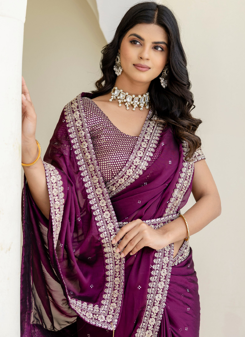 Captivating Sequence Work Silk Wine Saree With Blouse