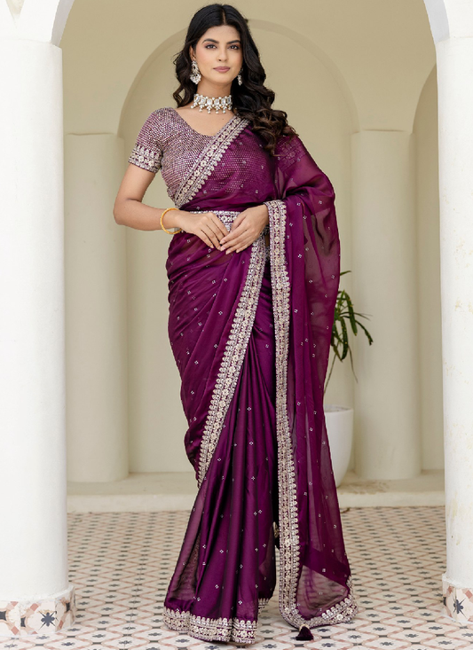Captivating Sequence Work Silk Wine Saree With Blouse