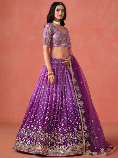 Purple Sequins Work Wedding Wear Lehenga Choli