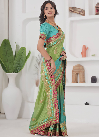 Chinon Silk Coding Work Parrot Green Saree With Blouse