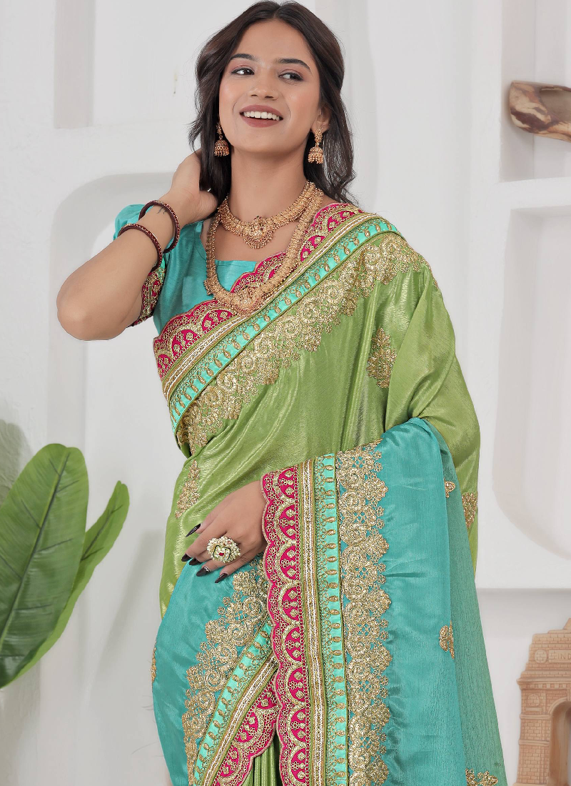 Chinon Silk Coding Work Parrot Green Saree With Blouse