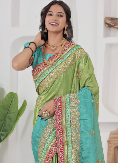 Chinon Silk Coding Work Parrot Green Saree With Blouse