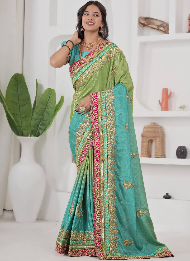 Chinon Silk Coding Work Parrot Green Saree With Blouse