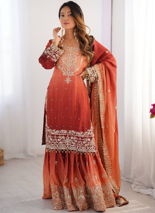 Chinon Silk Shaded Embroidered Work Top With Bottom