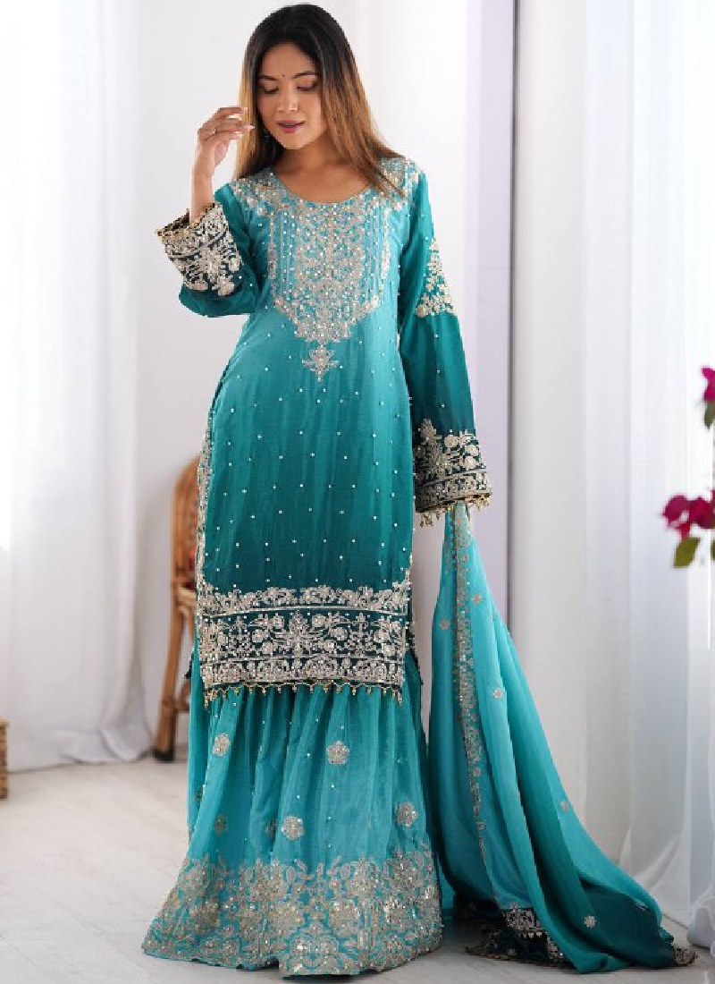 Coding Dori Embroidered Chinon Silk Sky Blue Sharara Set