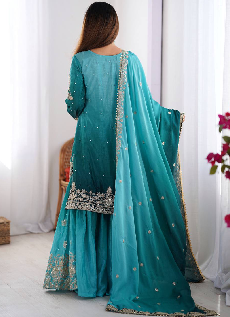 Coding Dori Embroidered Chinon Silk Sky Blue Sharara Set