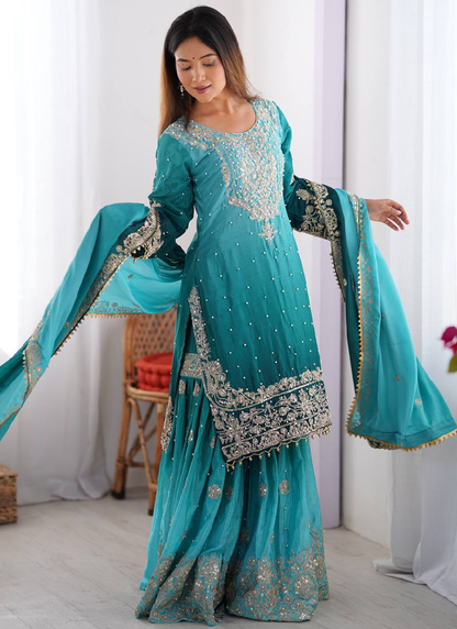 Coding Dori Embroidered Chinon Silk Sky Blue Sharara Set