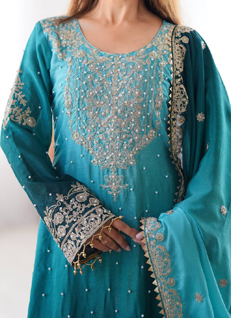 Coding Dori Embroidered Chinon Silk Sky Blue Sharara Set