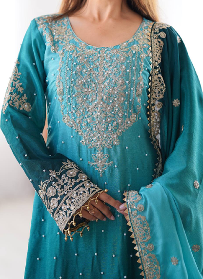 Coding Dori Embroidered Chinon Silk Sky Blue Sharara Set