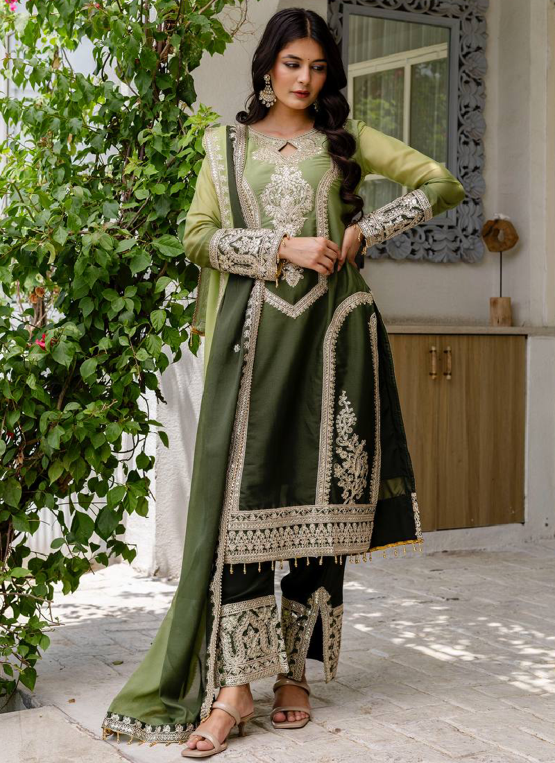 Embroidery Work Georgette Parrot Green Pakistani Salwar Suit