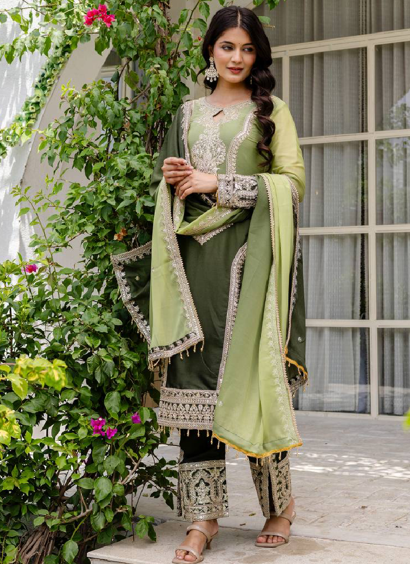 Embroidery Work Georgette Parrot Green Pakistani Salwar Suit