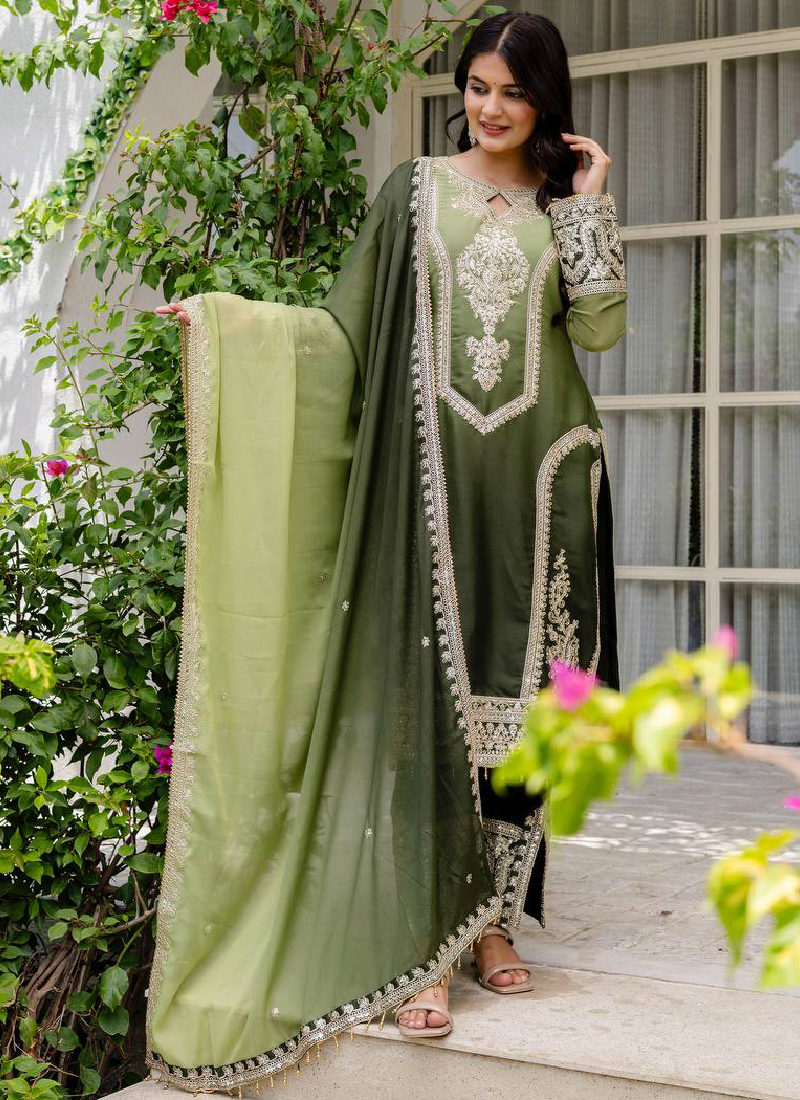 Embroidery Work Georgette Parrot Green Pakistani Salwar Suit