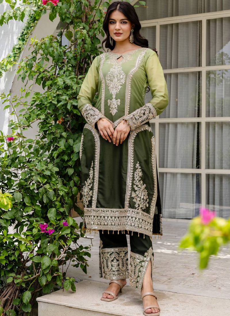 Embroidery Work Georgette Parrot Green Pakistani Salwar Suit
