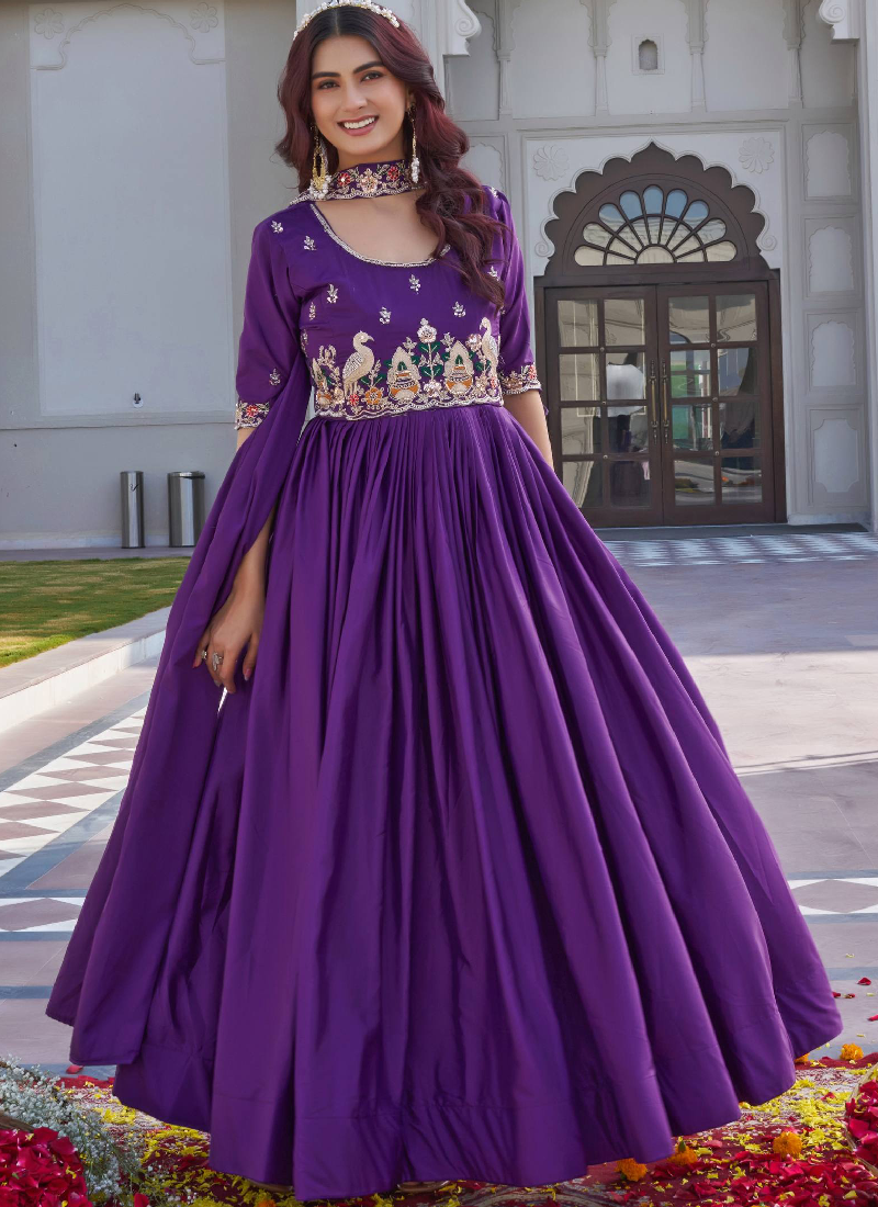 Crepe Silk Coding Sequence Work Purple Gown With Dupatta