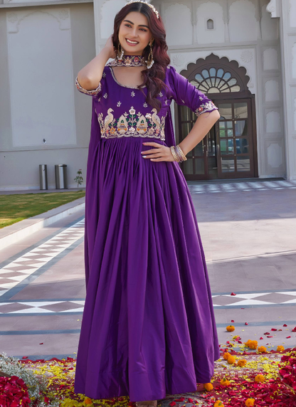 Crepe Silk Coding Sequence Work Purple Gown With Dupatta