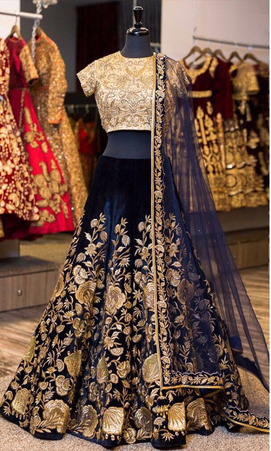 Bollywood Style NAVY BLUE Velvet Embroidery Work Semi-Stitched Lehenga Choli