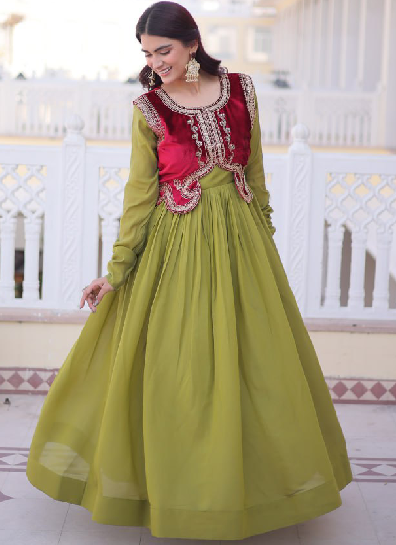 Chanderi Silk Parrot Green Plain Gown With Embroidered Jacket