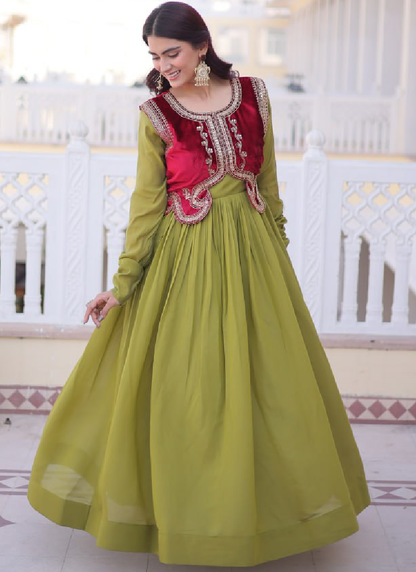Chanderi Silk Parrot Green Plain Gown With Embroidered Jacket