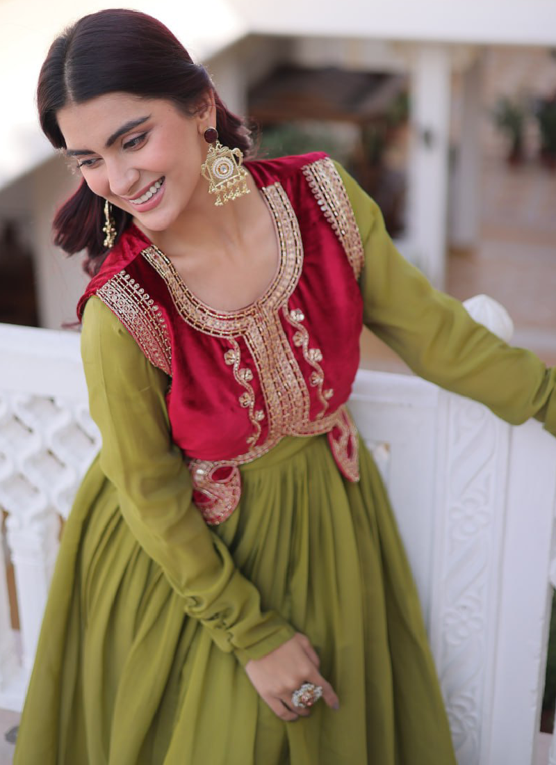 Chanderi Silk Parrot Green Plain Gown With Embroidered Jacket