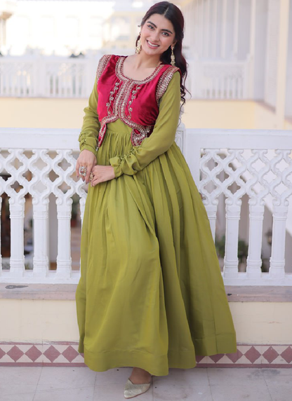Chanderi Silk Parrot Green Plain Gown With Embroidered Jacket