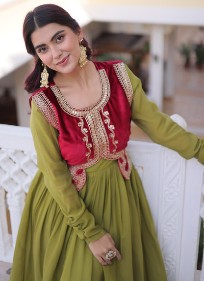 Chanderi Silk Parrot Green Plain Gown With Embroidered Jacket