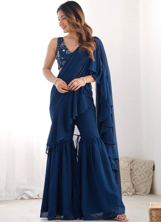 Navy Blue Georgette Sharara Saree With Sequence Work Blouse