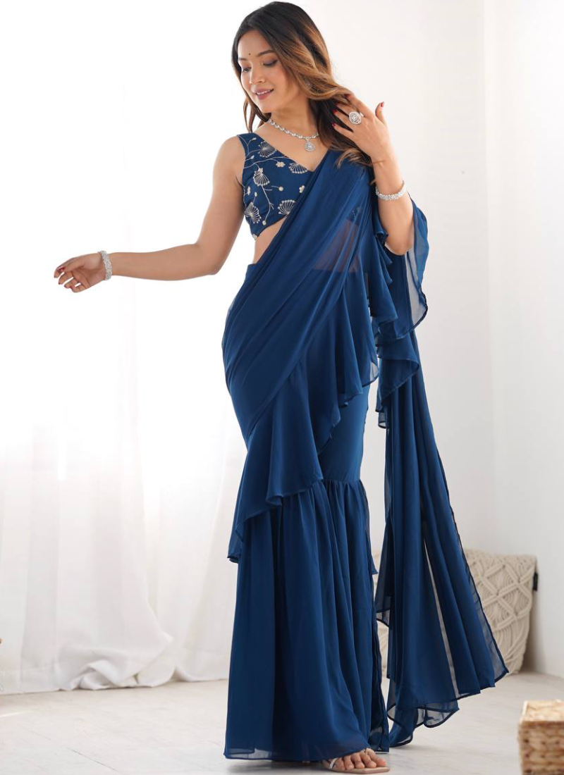 Navy Blue Georgette Sharara Saree With Sequence Work Blouse